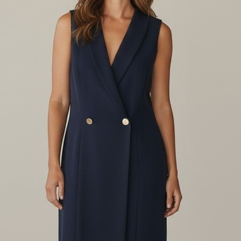 Bebe Navy Blue Sleeveless Wrap Front V-Neck Gold Button Dress XL Minimalist NWT